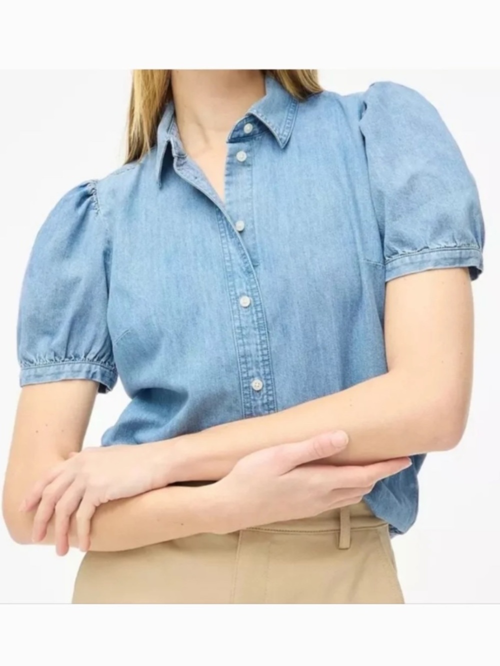J. Crew Chambray Preppy Cotton Button Down Puff-Sleeve Blouse Size XS NWT